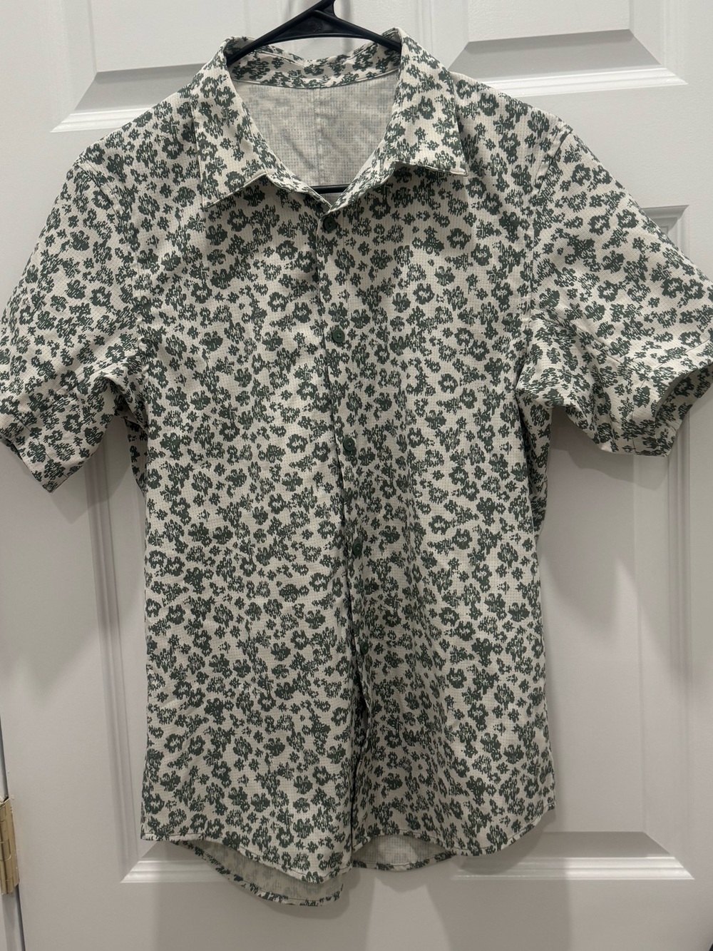 Men's Short Sleeve Shirt - Cream with Green Print